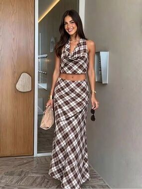 Plaid Maxi Skirt set, blue brown and pink options halter